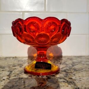 LE Smith Amberina Moon & Stars Glass Footed Compote Candy Dish Scalloped 4 Inch
